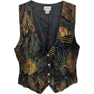 Vintage Artsy Vest Women Medium Black Velvet Beaded Embellished Art To Wear